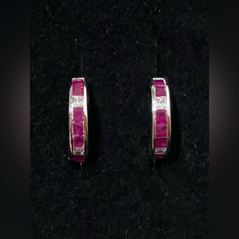 Sterling Silver Lab Ruby Channel Set Hoop Earrings